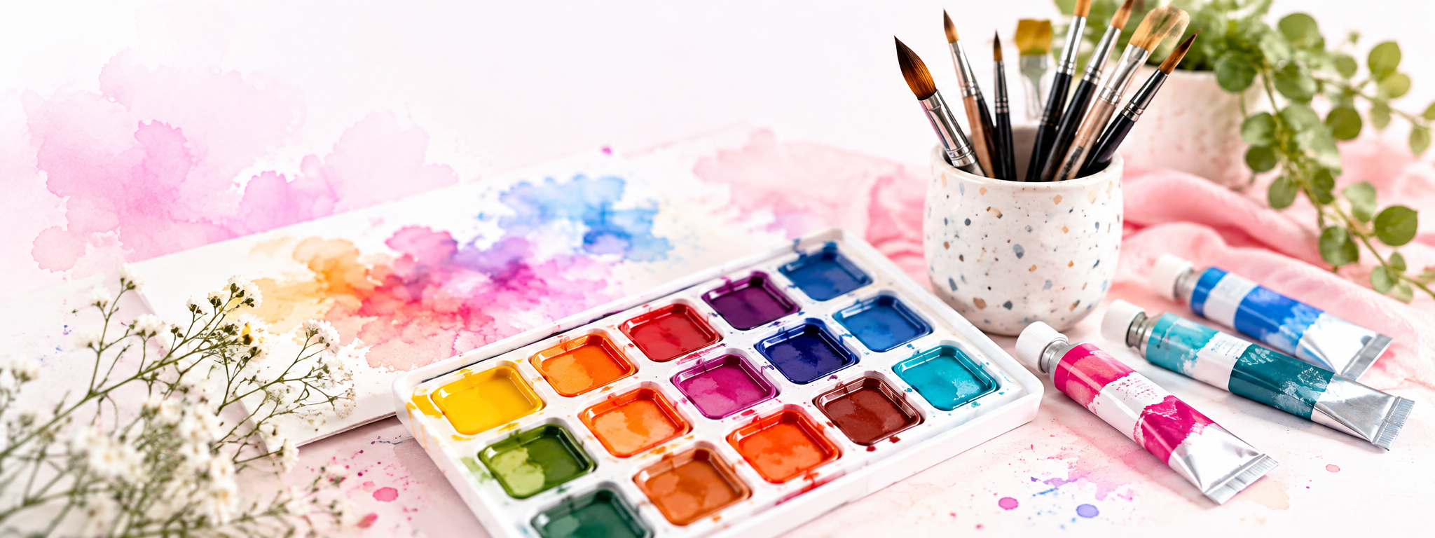 Watercolor palette and art supplies