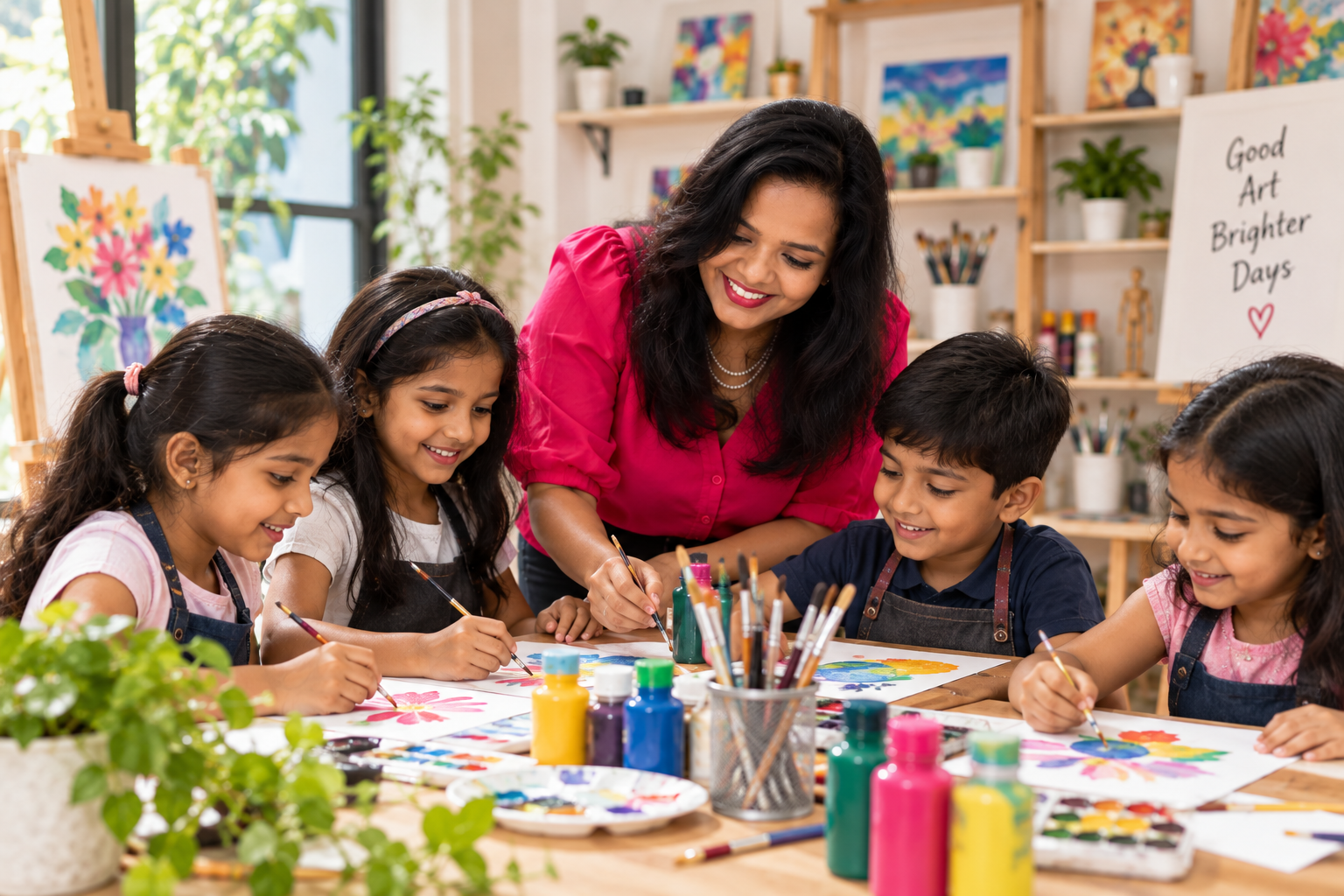 Students learning art at Kalakar Studio